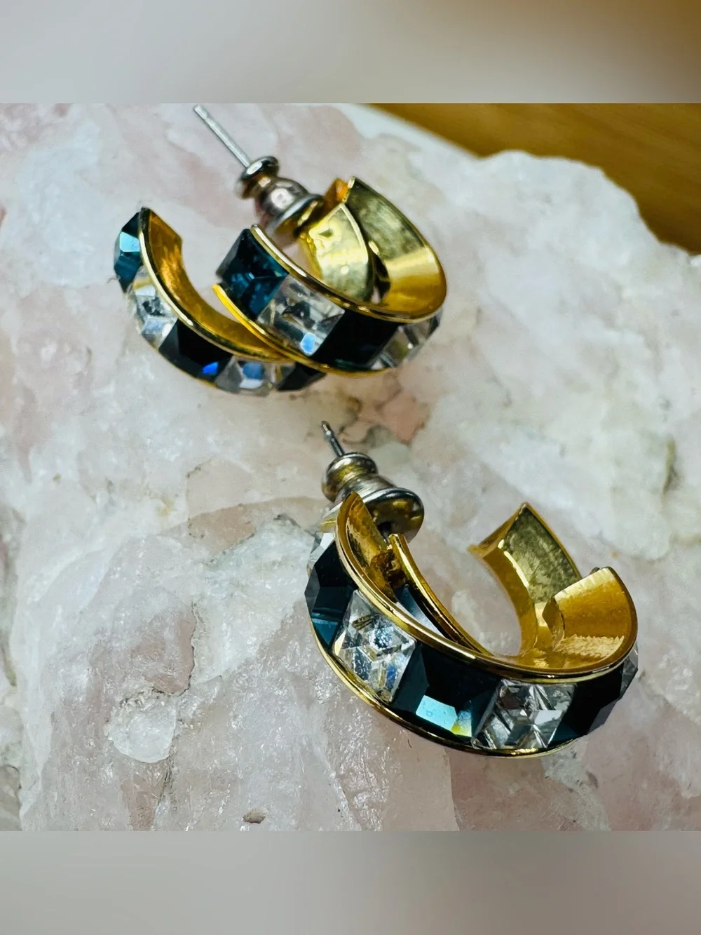 Gold-Tone Blue & Clear Crystal Double Hoop Earrings - Picture 6 of 7